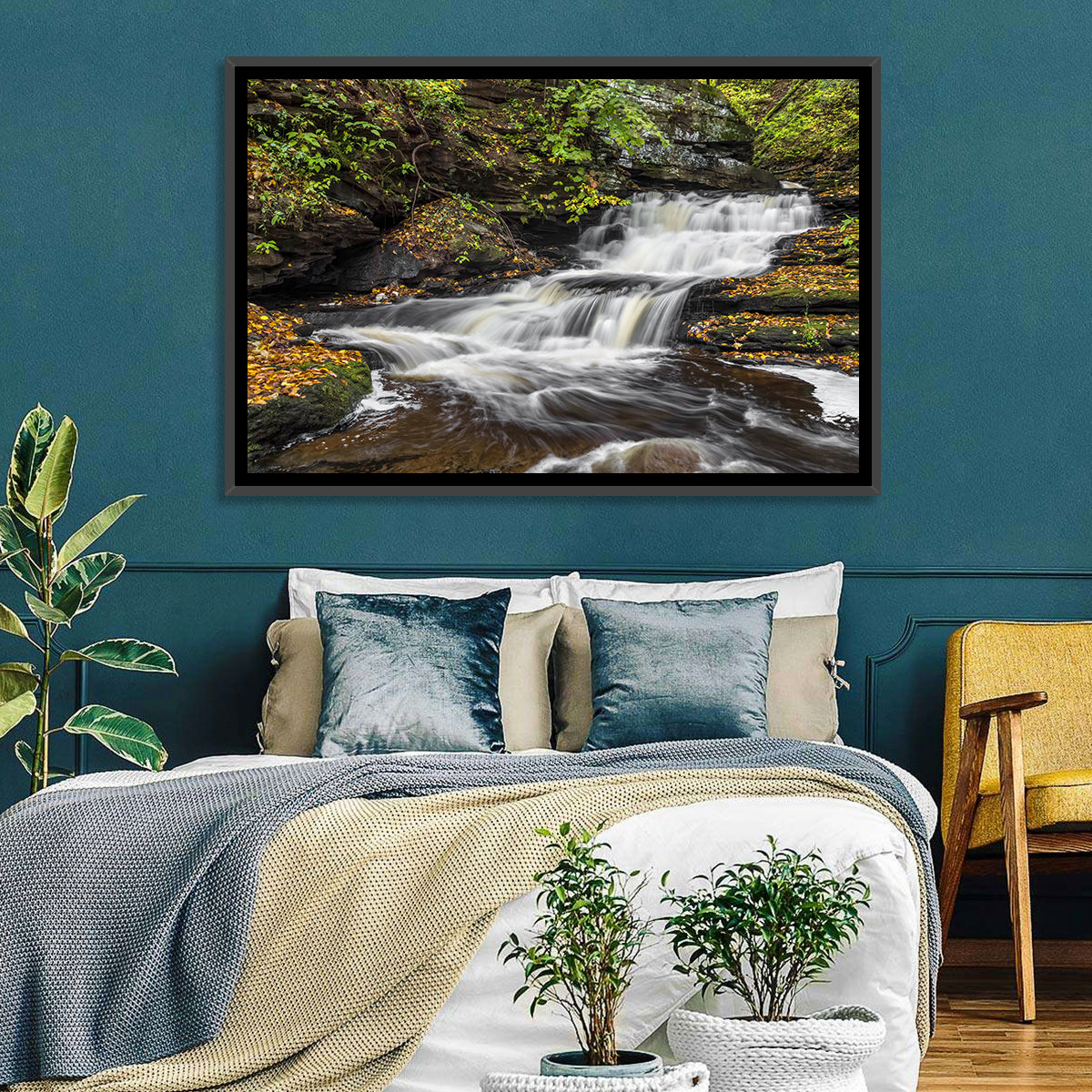 Cascading Autumn Waterfall Wall Art in a room, landscape