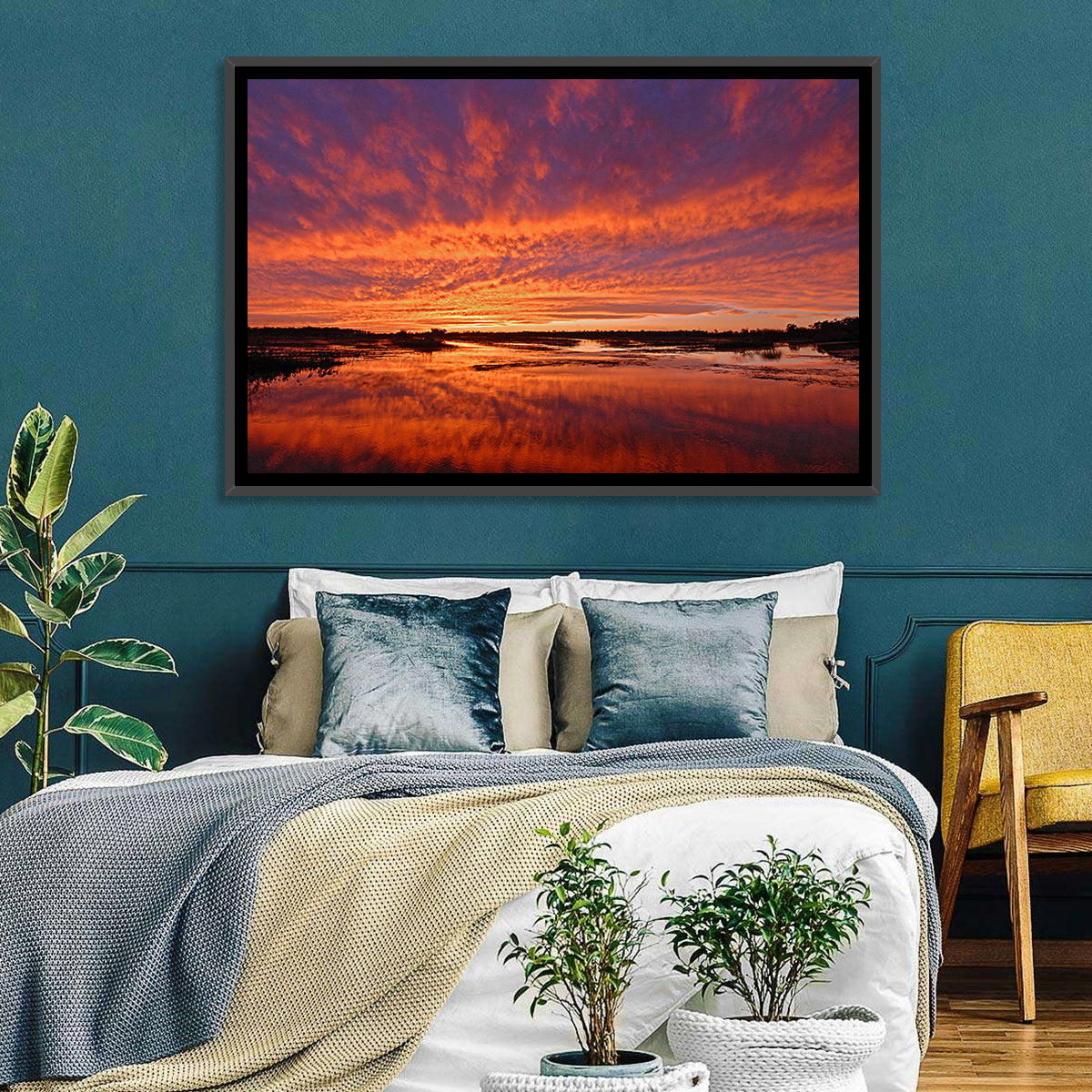 Louisiana Wetland Sunset Wall Art in a room, landscape