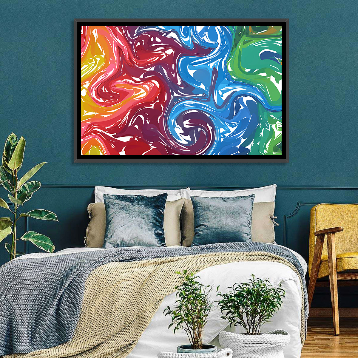 Marbled Color Flow Abstract Wall Art in a room, landscape