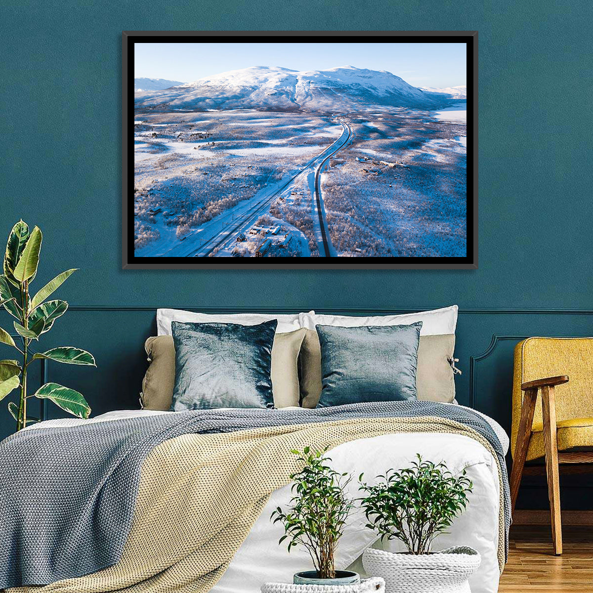 Snowy Valley with Parallel Tracks Wall Art in a room, landscape