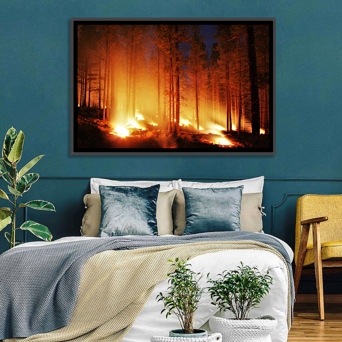 Night Forest Fire Wall Art in a room, landscape