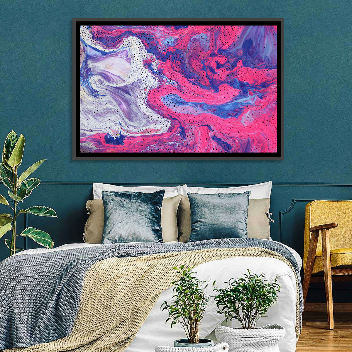 Magenta Bubble Fluid Abstraction Wall Art in a room, landscape
