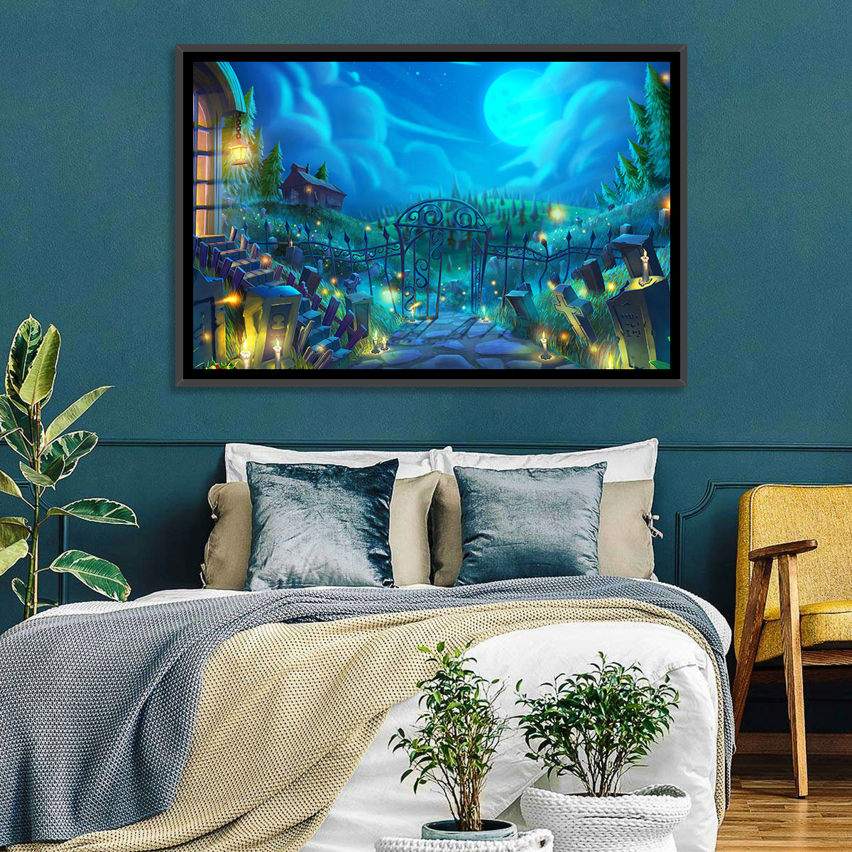 Halloween Cemetery Gate Illustration Wall Art in a room, landscape