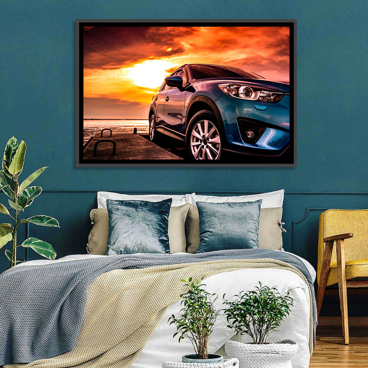 Suv on Pier at Sunset Wall Art