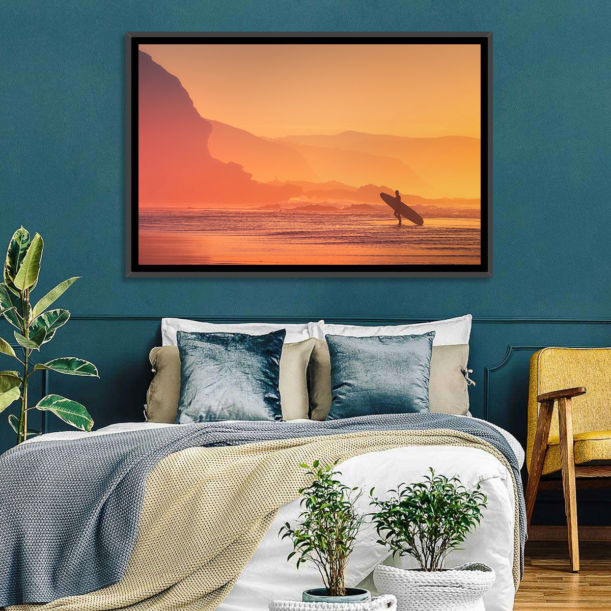 Surfer Silhouette at Golden Sunset Wall Art in a room, landscape