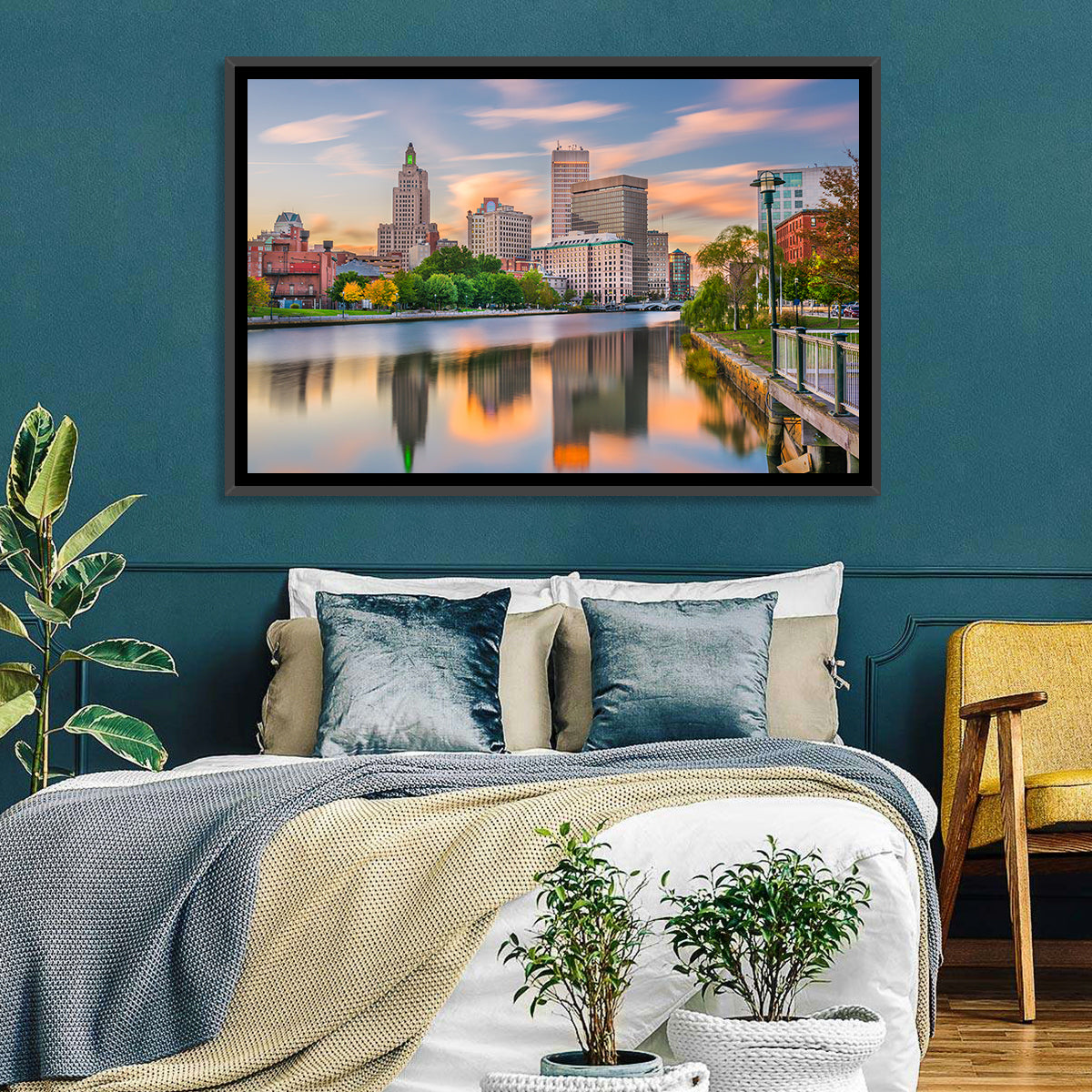 Providence Golden Hour Skyline Wall Art in a room, landscape