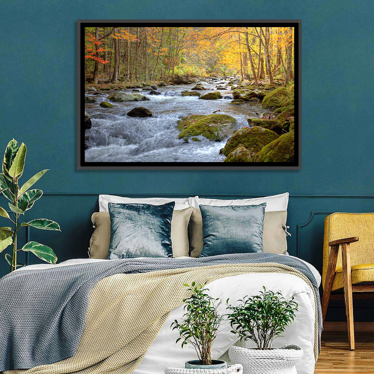 Autumn Mountain Stream Wall Art in a room, landscape