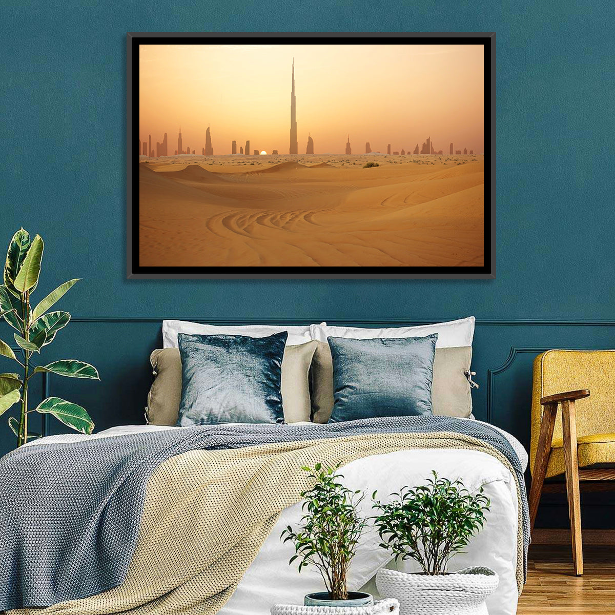 Dubai Skyline at Sunset Wall Art in a room, landscape