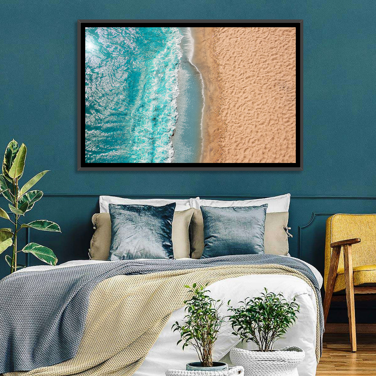Turquoise Coastline Aerial Wall Art in a room, landscape