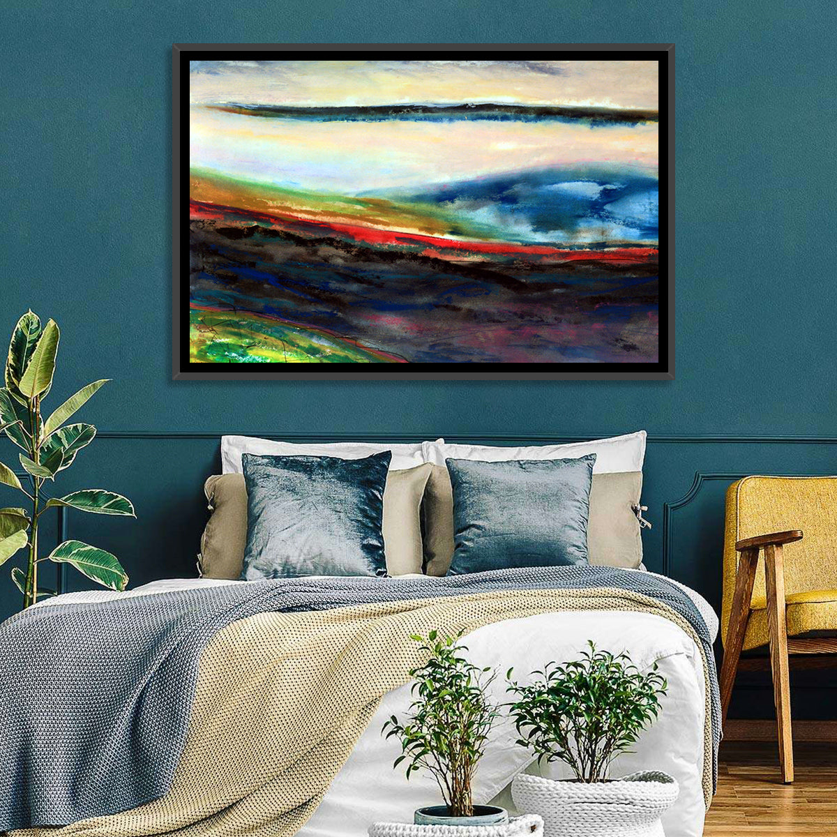 Moody Horizon Stripe Abstract Landscape Wall Art in a room, landscape
