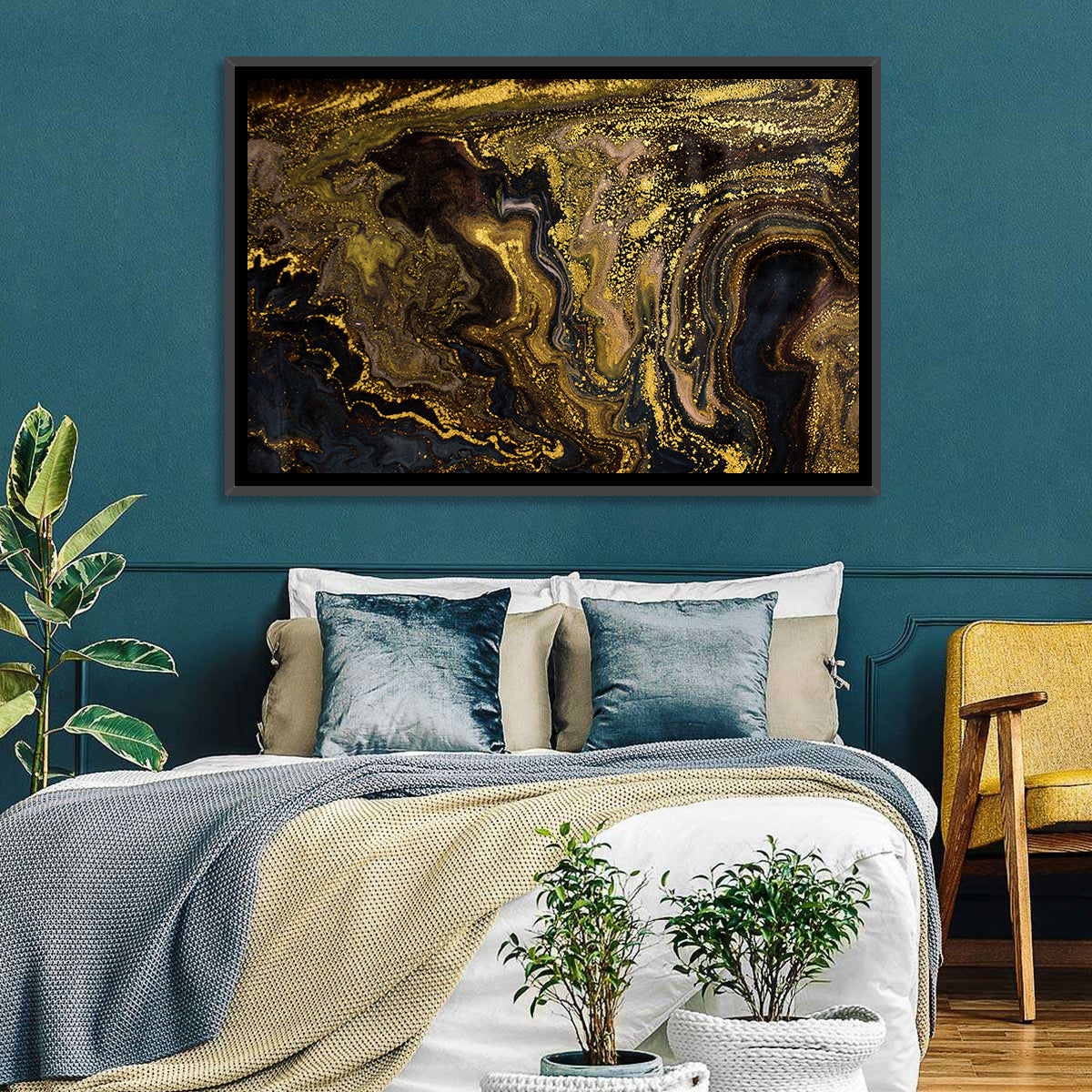 Black and Gold Marble Abstraction Wall Art in a room, landscape