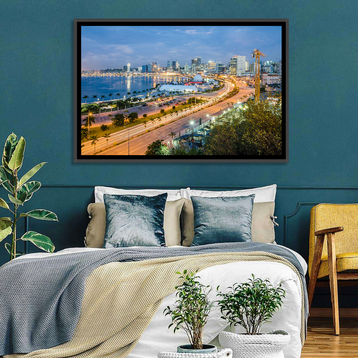 Luanda Bay Twilight Skyline Wall Art in a room, landscape