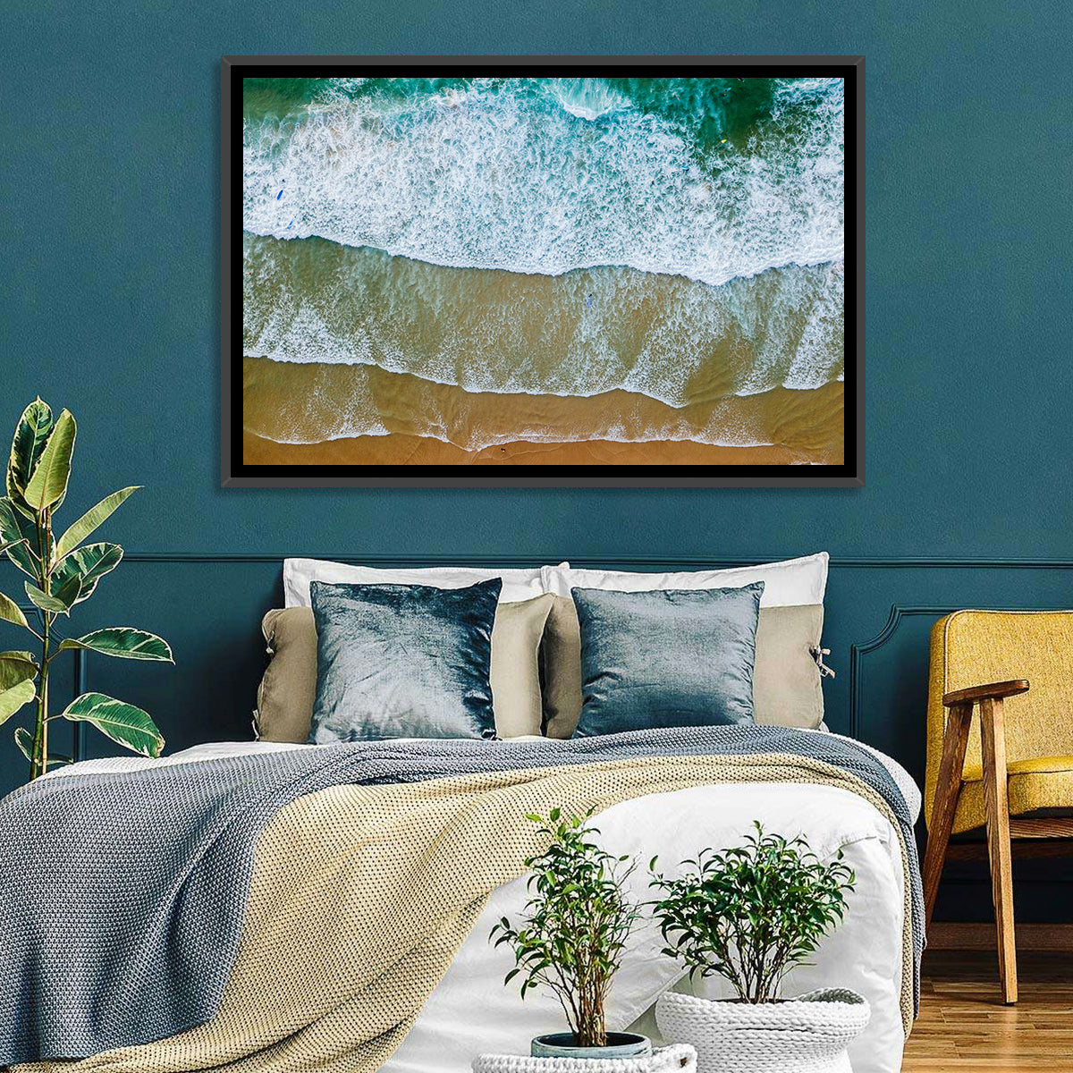 Aerial Teal Beach with Surfers Wall Art