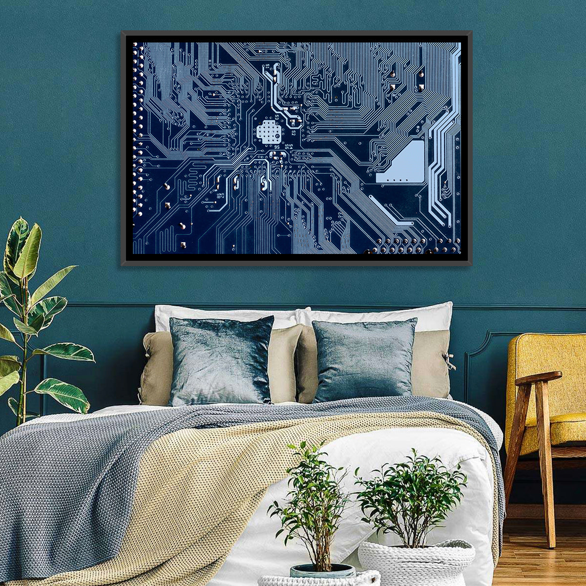 Blue Circuit Board Wall Art in a room, landscape