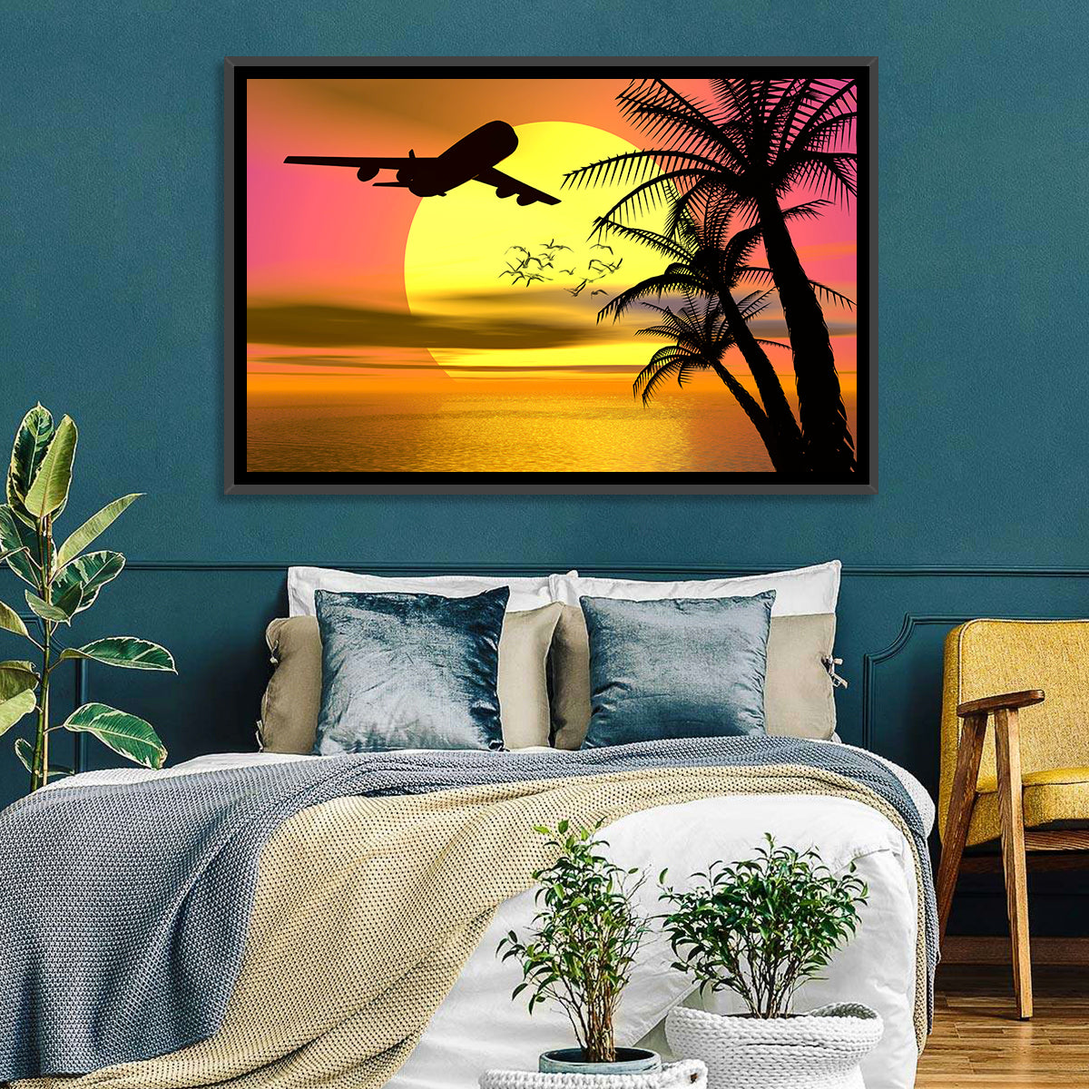 Wide-body Airplane Over Caribbean Dusk Wall Art in a room, landscape