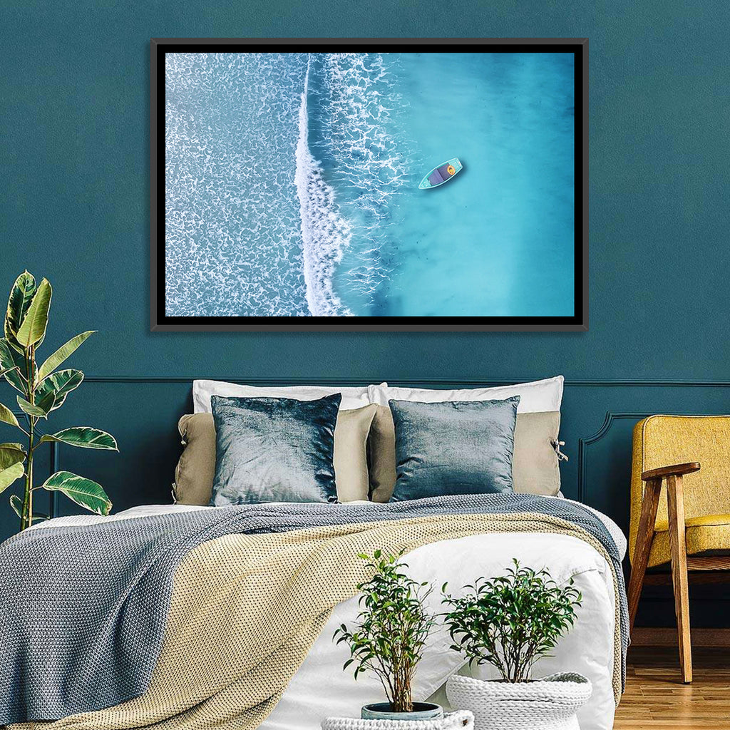 Lone Boat Over Turquoise Waves Wall Art