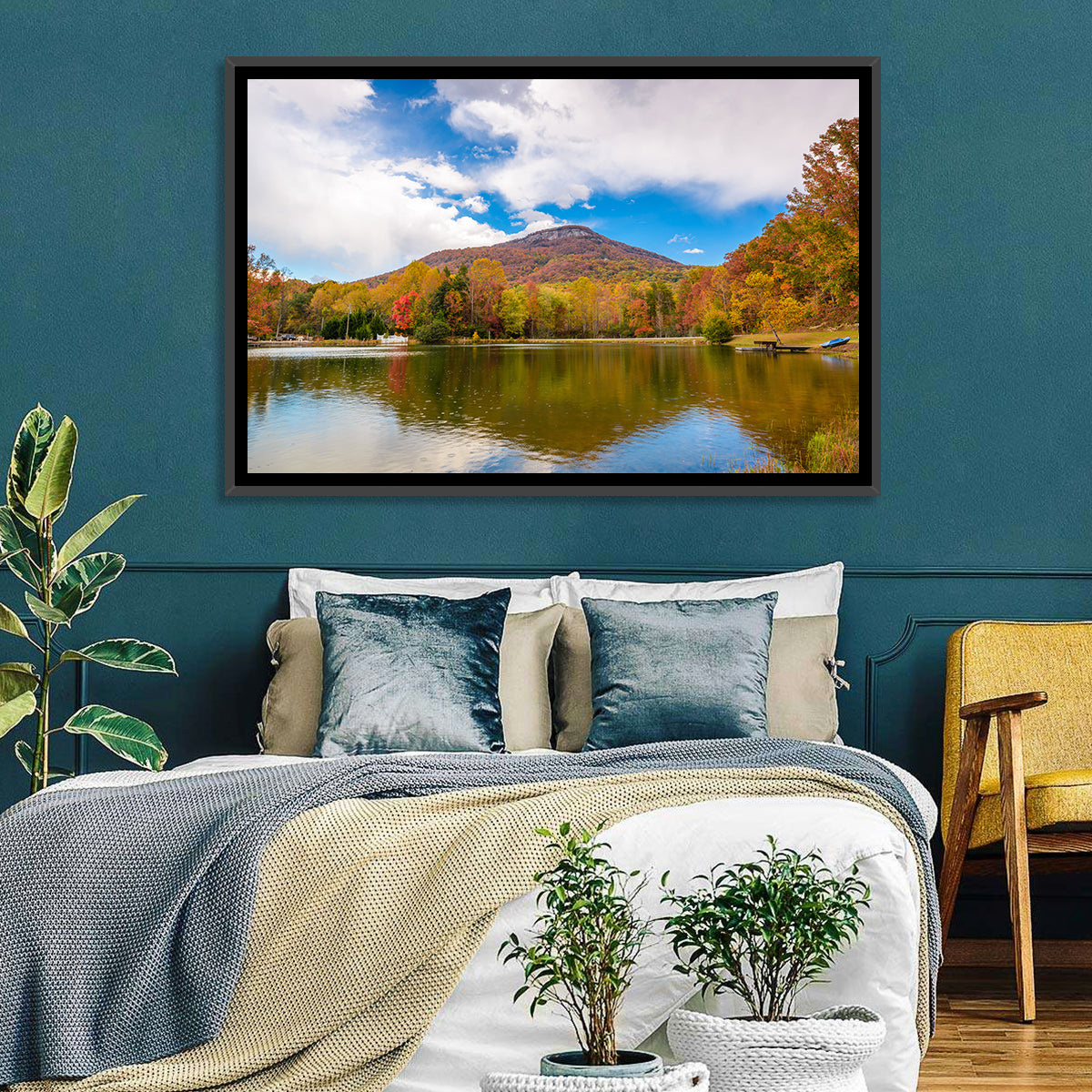 Yonah Mountain Autumn Reflection Wall Art in a room, landscape