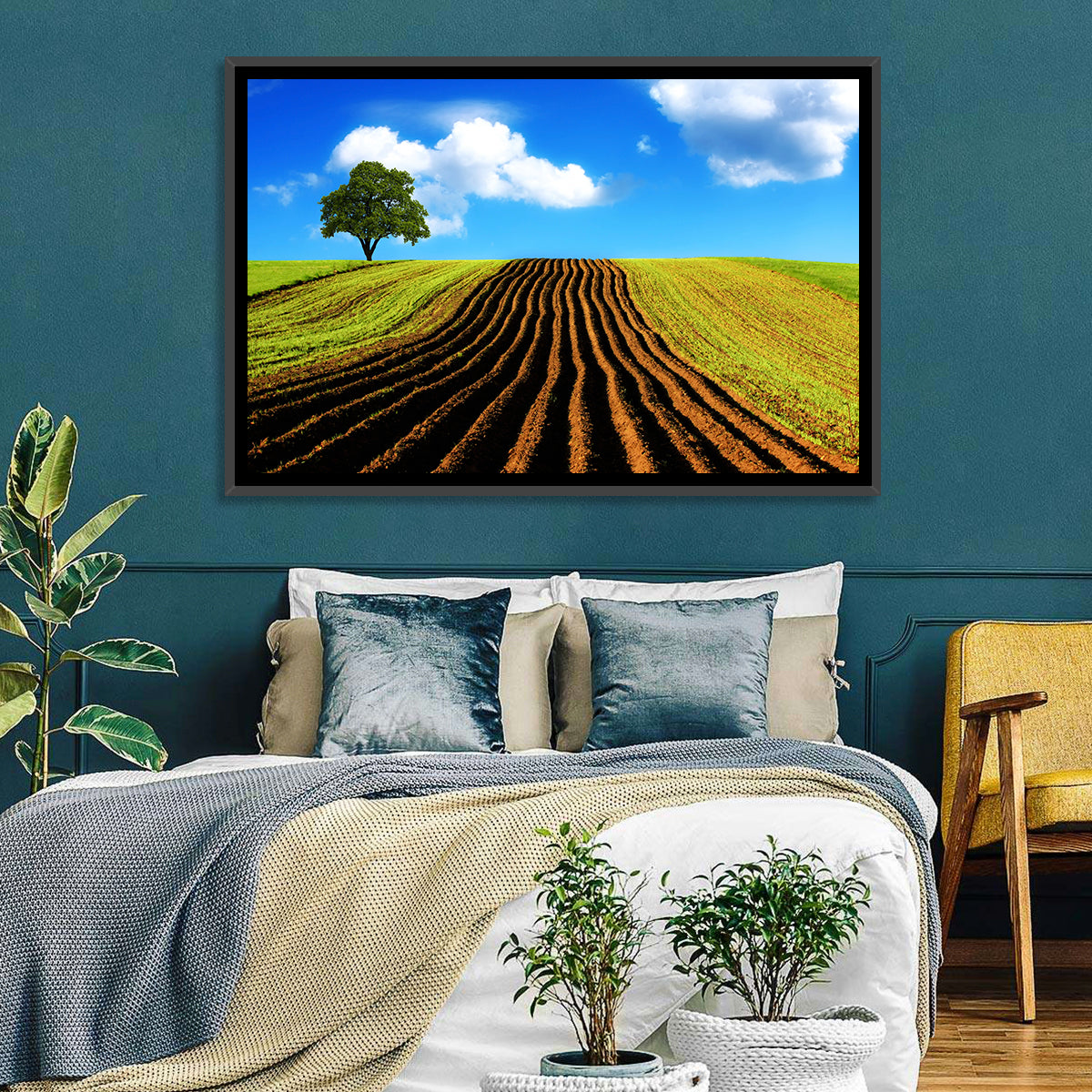 Plowed Field with Lone Tree Wall Art in a room, landscape