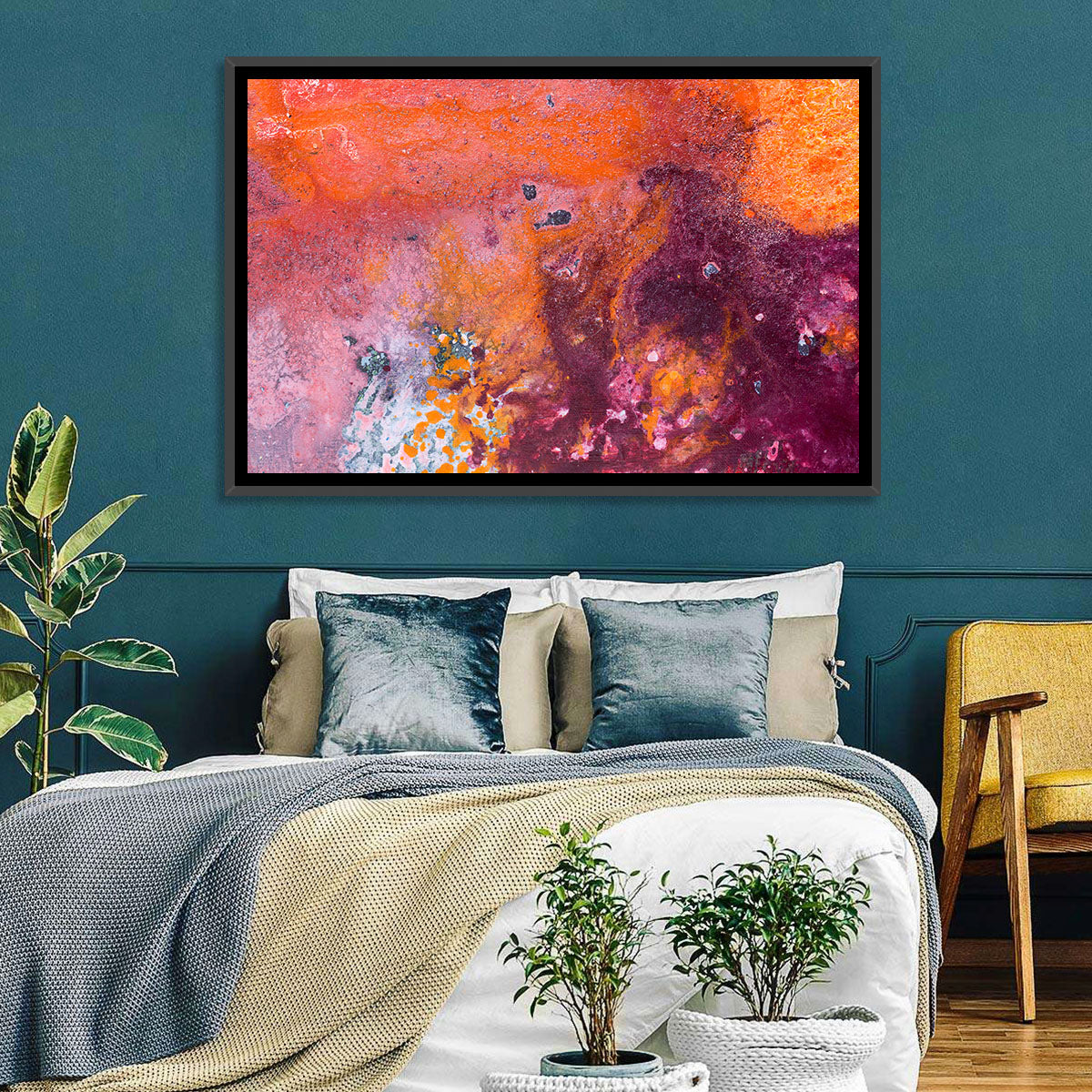 Magenta Orange Color Flow Wall Art in a room, landscape