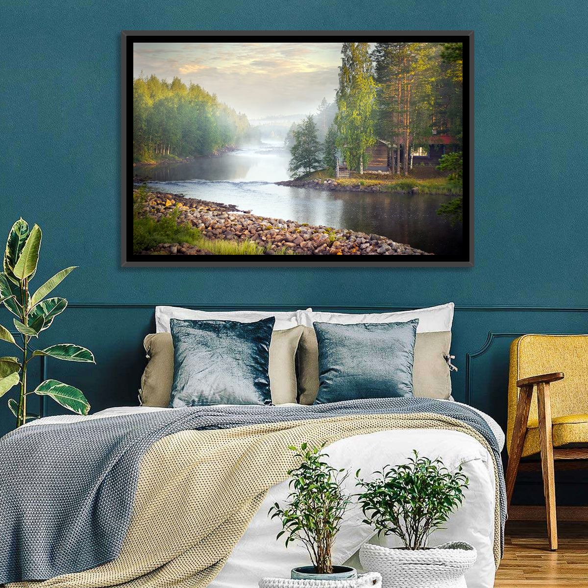 Misty River with Red Roof Cabin Wall Art