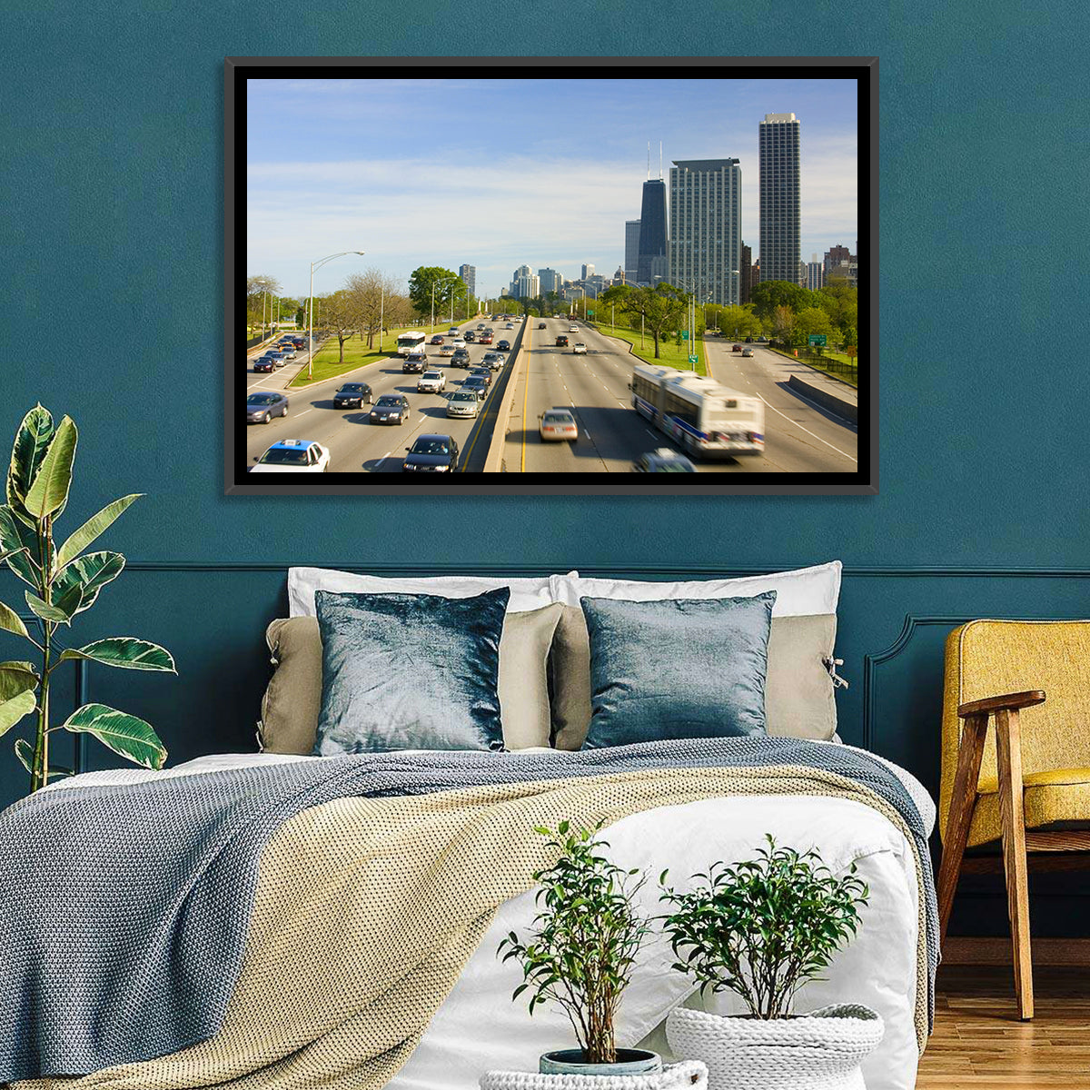 Chicago Expressway Toward Downtown Skyline Wall Art in a room, landscape
