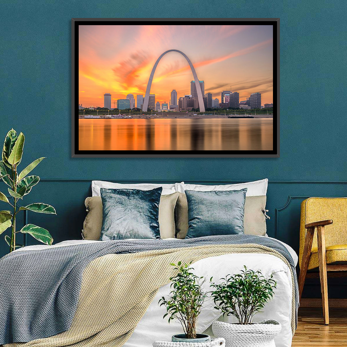 St. Louis Gateway Arch Skyline Wall Art in a room, landscape