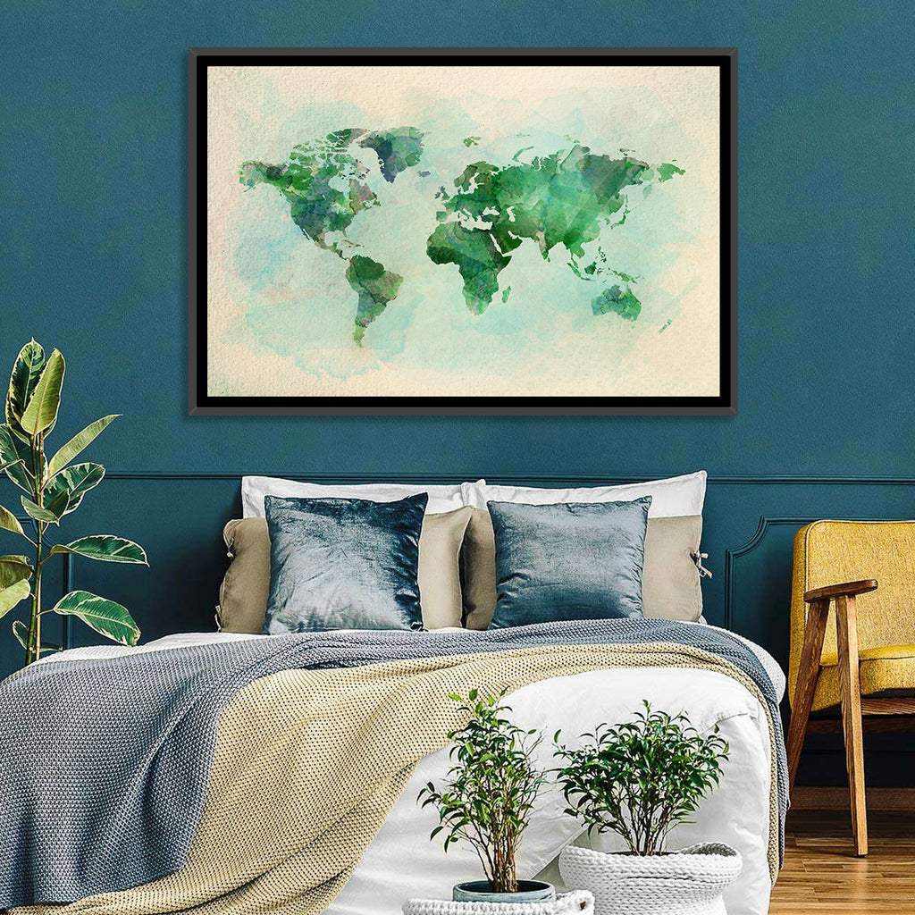 Green Watercolor World Map Wall Art