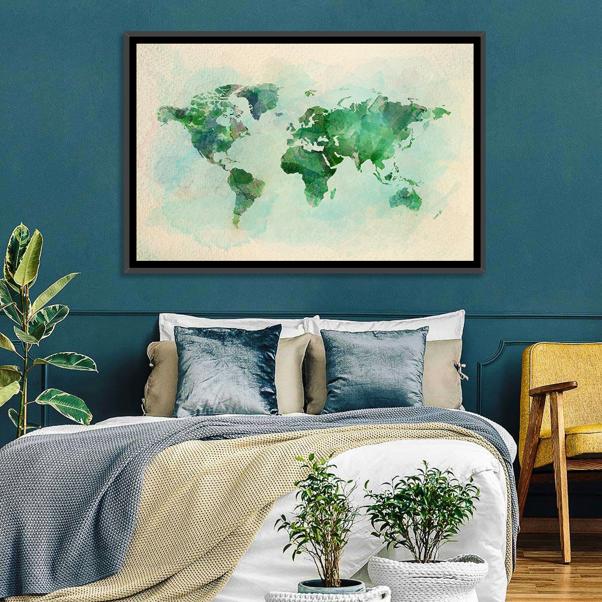 Green Watercolor World Map Wall Art in a room, landscape