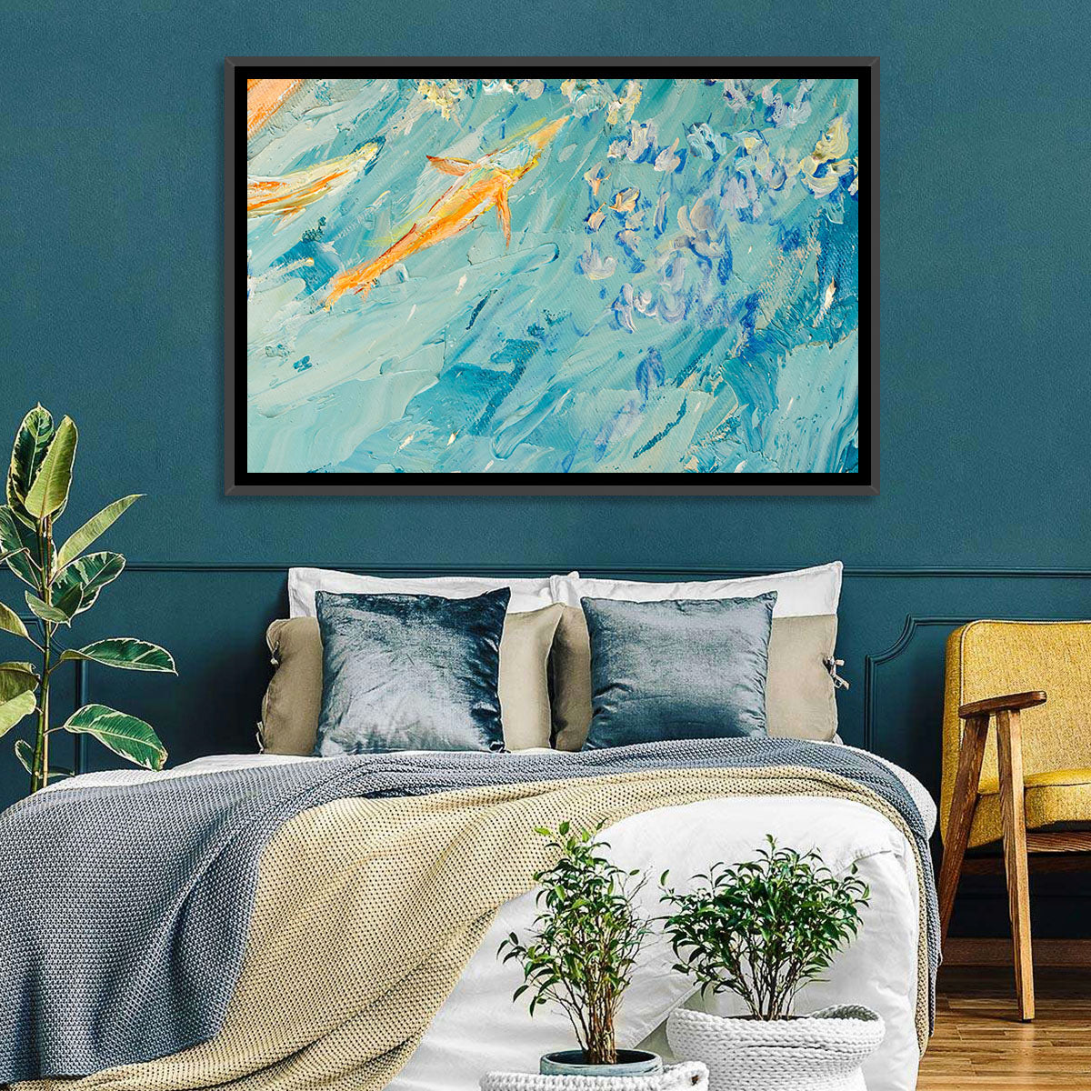 Koi in Blue Abstract Wall Art in a room, landscape