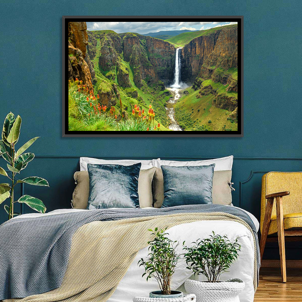 Maletsunyane Falls with Torch Lilies Wall Art in a room, landscape