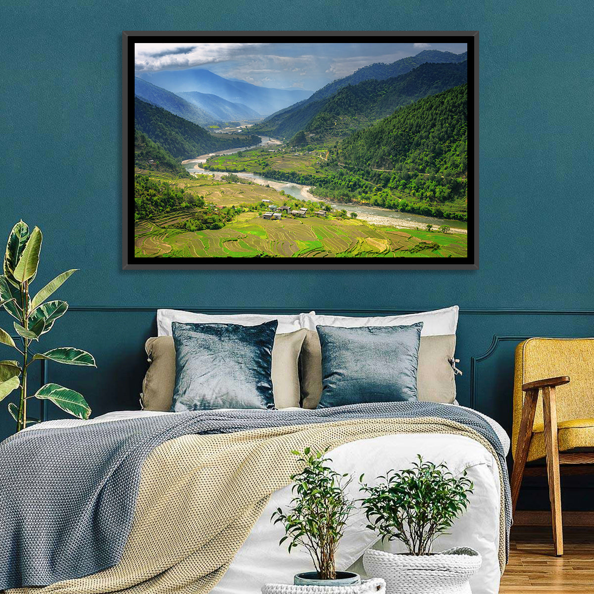 Punakha River Valley with Terraced Rice Fields Wall Art in a room, landscape