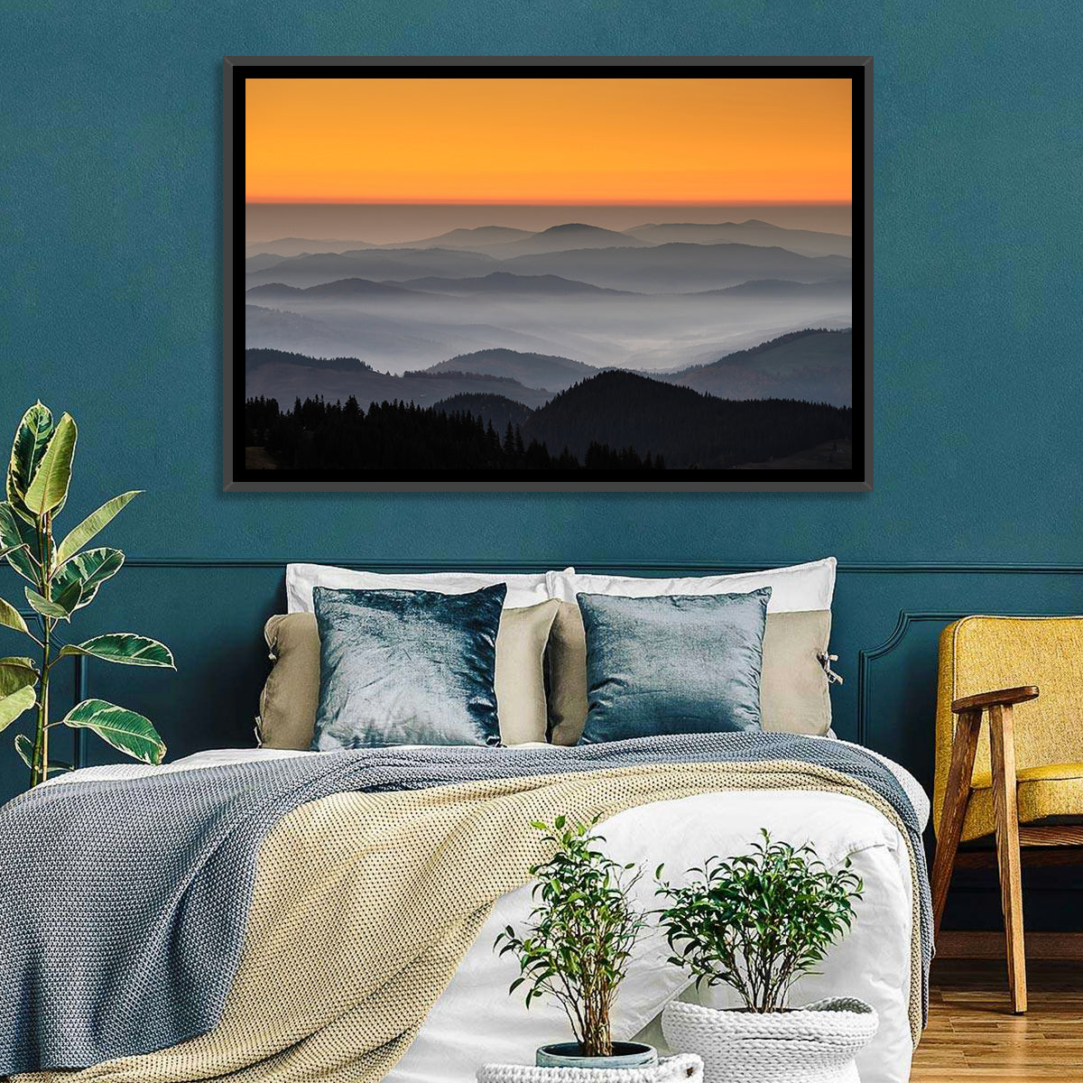 Rarau Mountains Sunrise Wall Art in a room, landscape