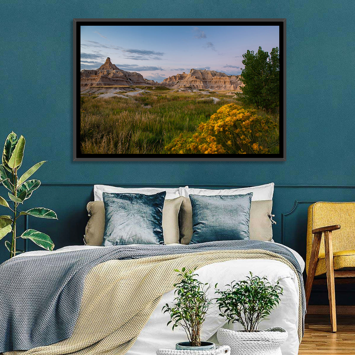 Badlands Golden Hour Meadow Wall Art in a room, landscape