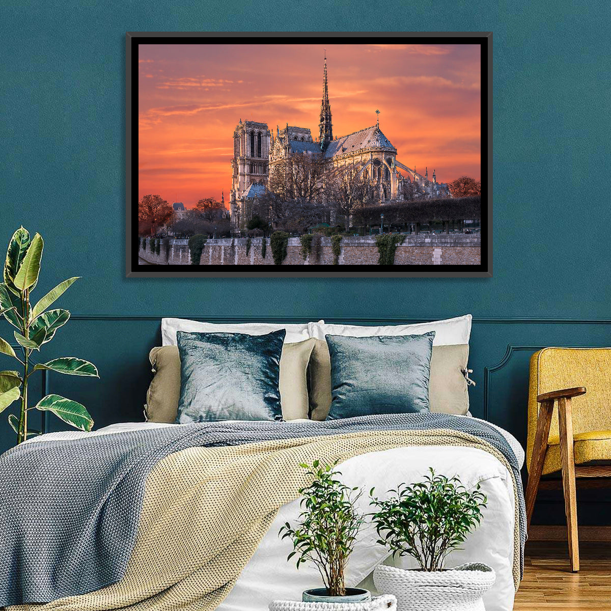 Notre-dame Cathedral at Golden Hour Wall Art in a room, landscape