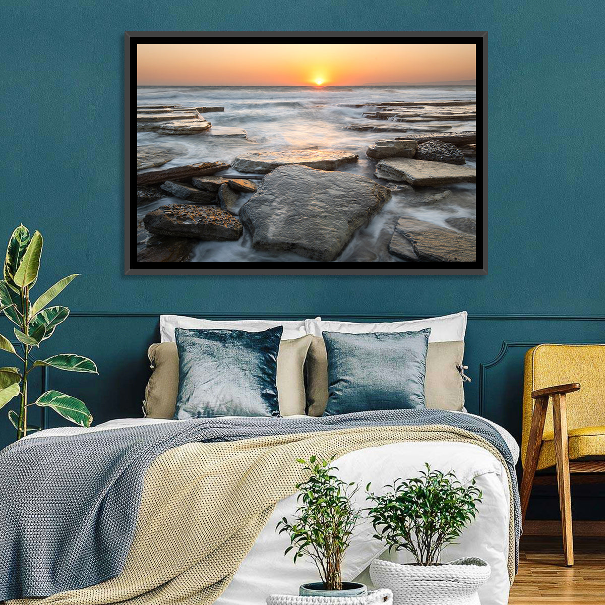 Golden Hour Rock Shoreline Sunset Wall Art in a room, landscape
