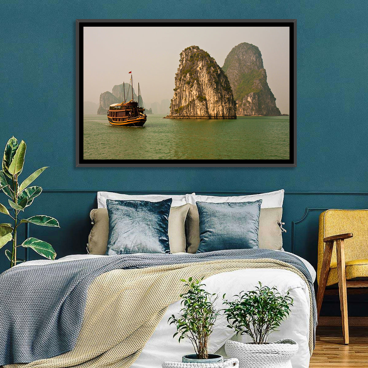 Ha Long Bay Junk Boat and Karst Cliffs Wall Art in a room, landscape