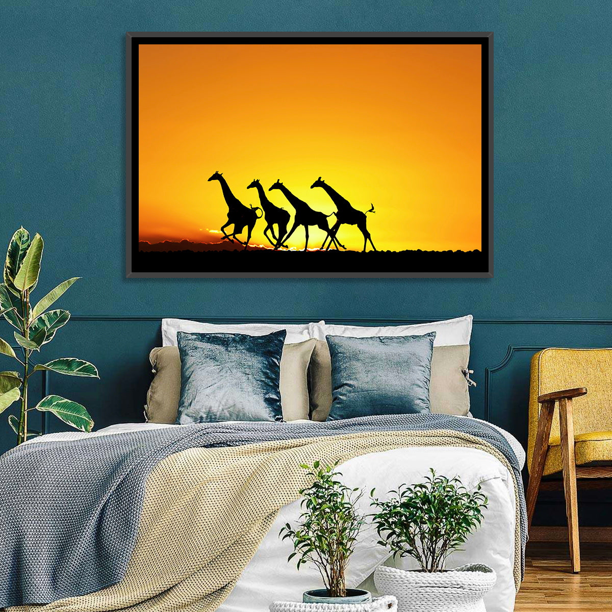 Savanna Giraffes at Sunset Wall Art in a room, landscape