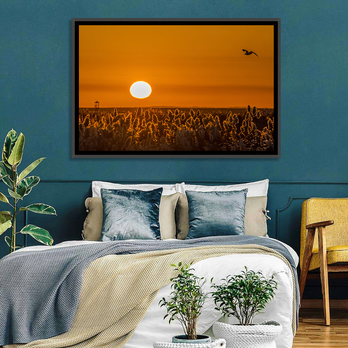 Golden Sunrise Over Reeds Wall Art in a room, landscape