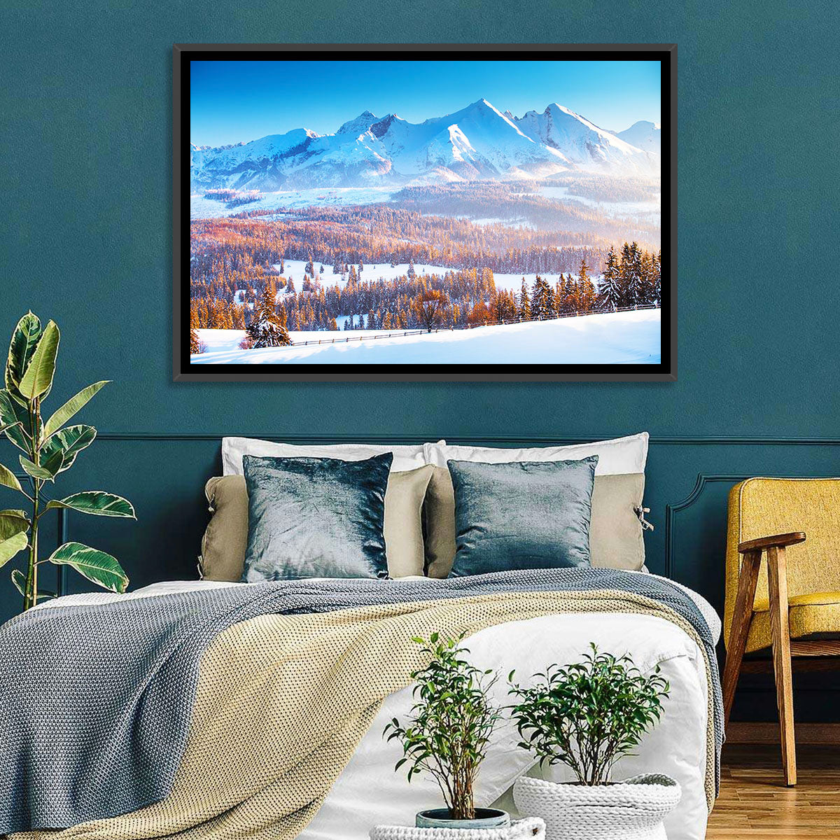 Snowy Mountain Peaks at Sunrise Wall Art in a room, landscape