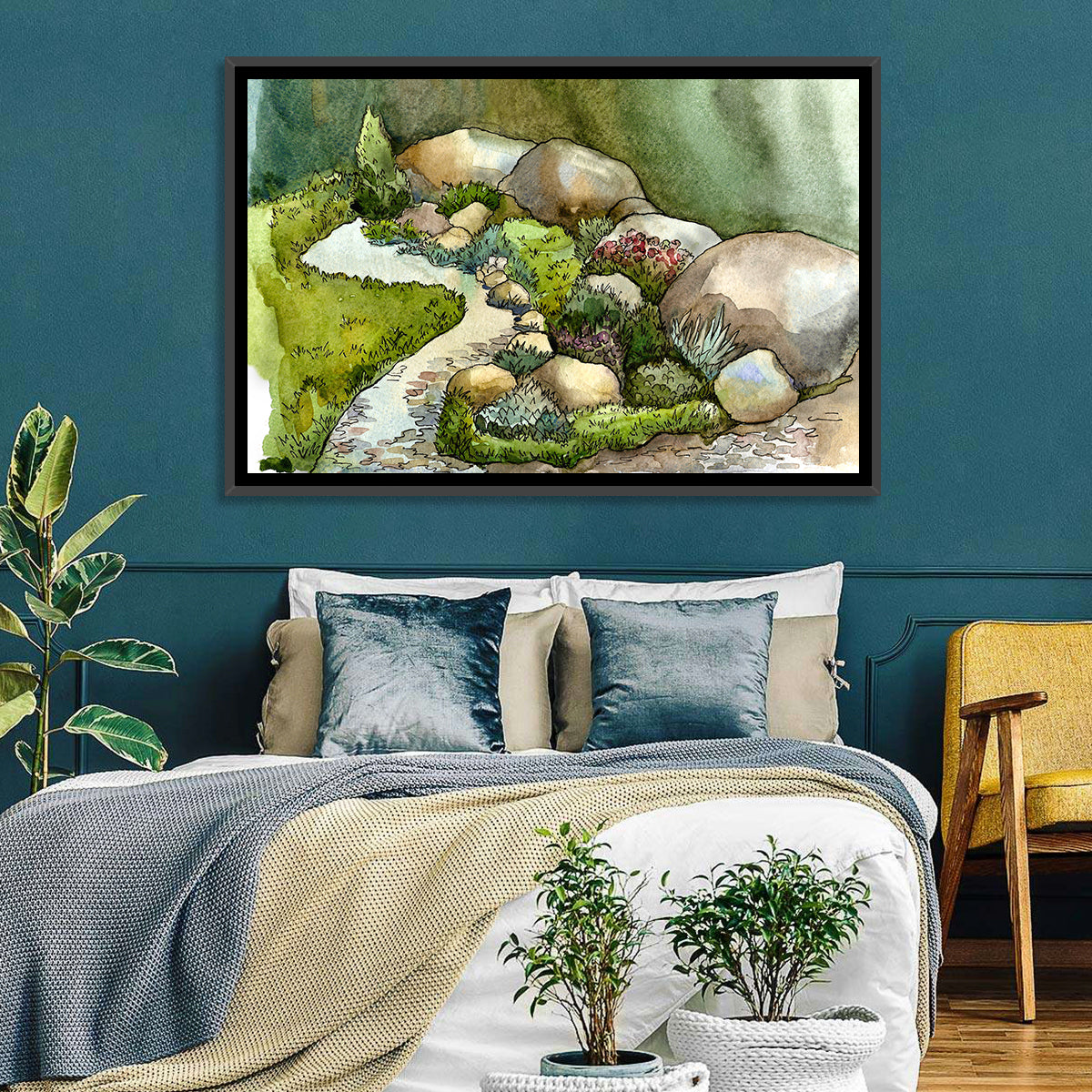 Watercolor Rock Garden Stream Wall Art