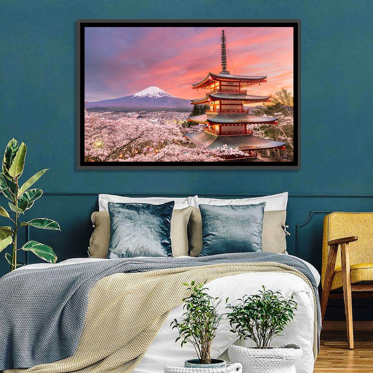 Chureito Pagoda and Mount Fuji at Sunset Wall Art in a room, landscape
