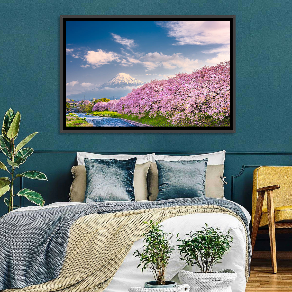 Mount Fuji Cherry Blossoms Wall Art in a room, landscape