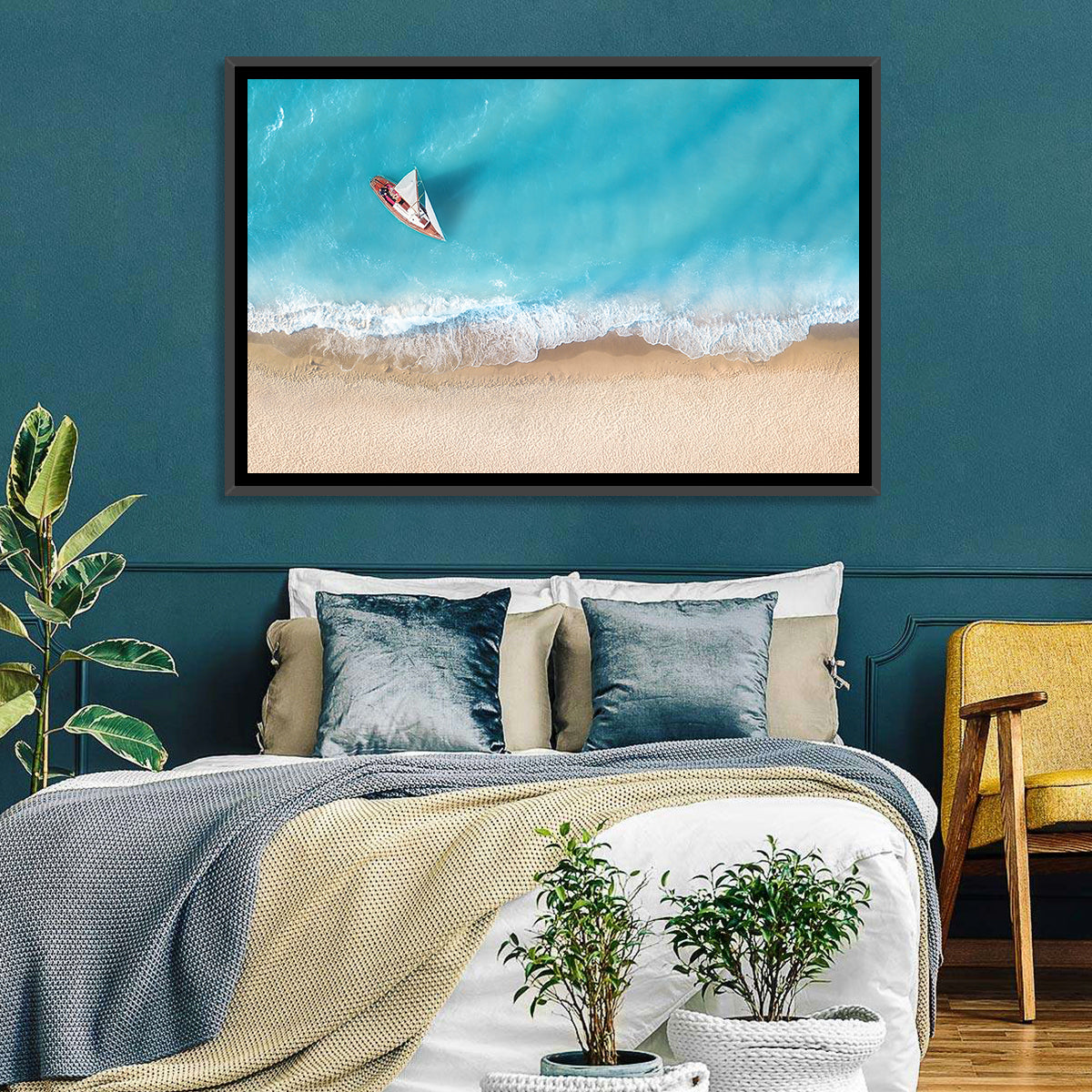 Centered Sailboat Over Turquoise Sea Wall Art in a room, landscape