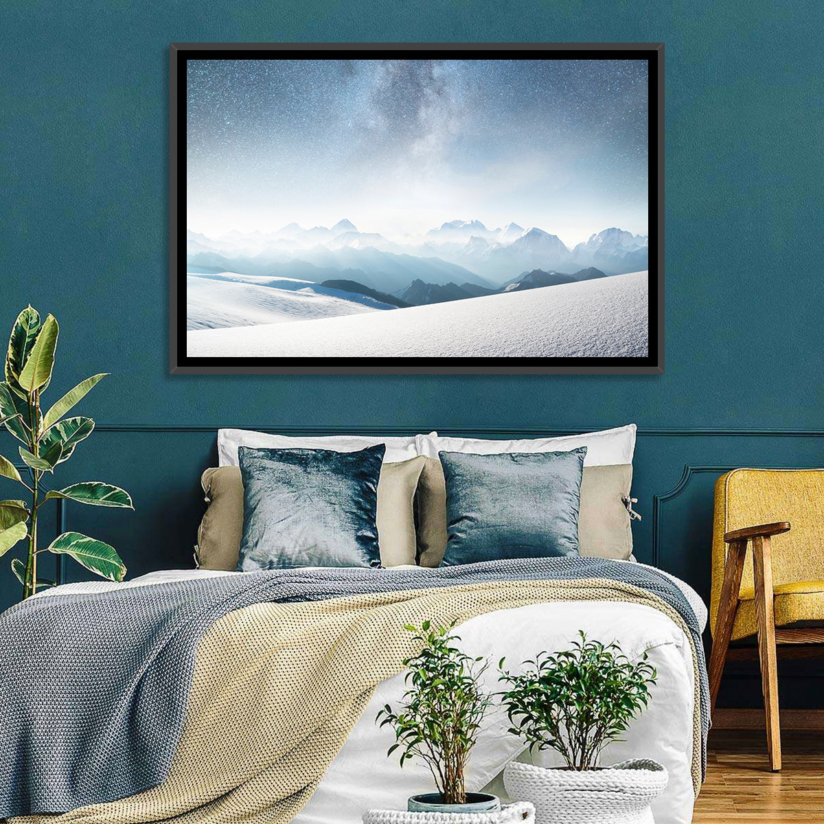Starry Milky Way Over Snowy Peaks Wall Art in a room, landscape