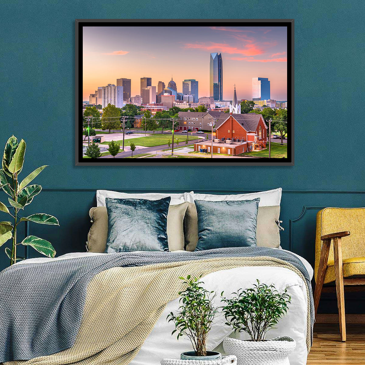 Oklahoma City Golden Hour Skyline Wall Art in a room, landscape