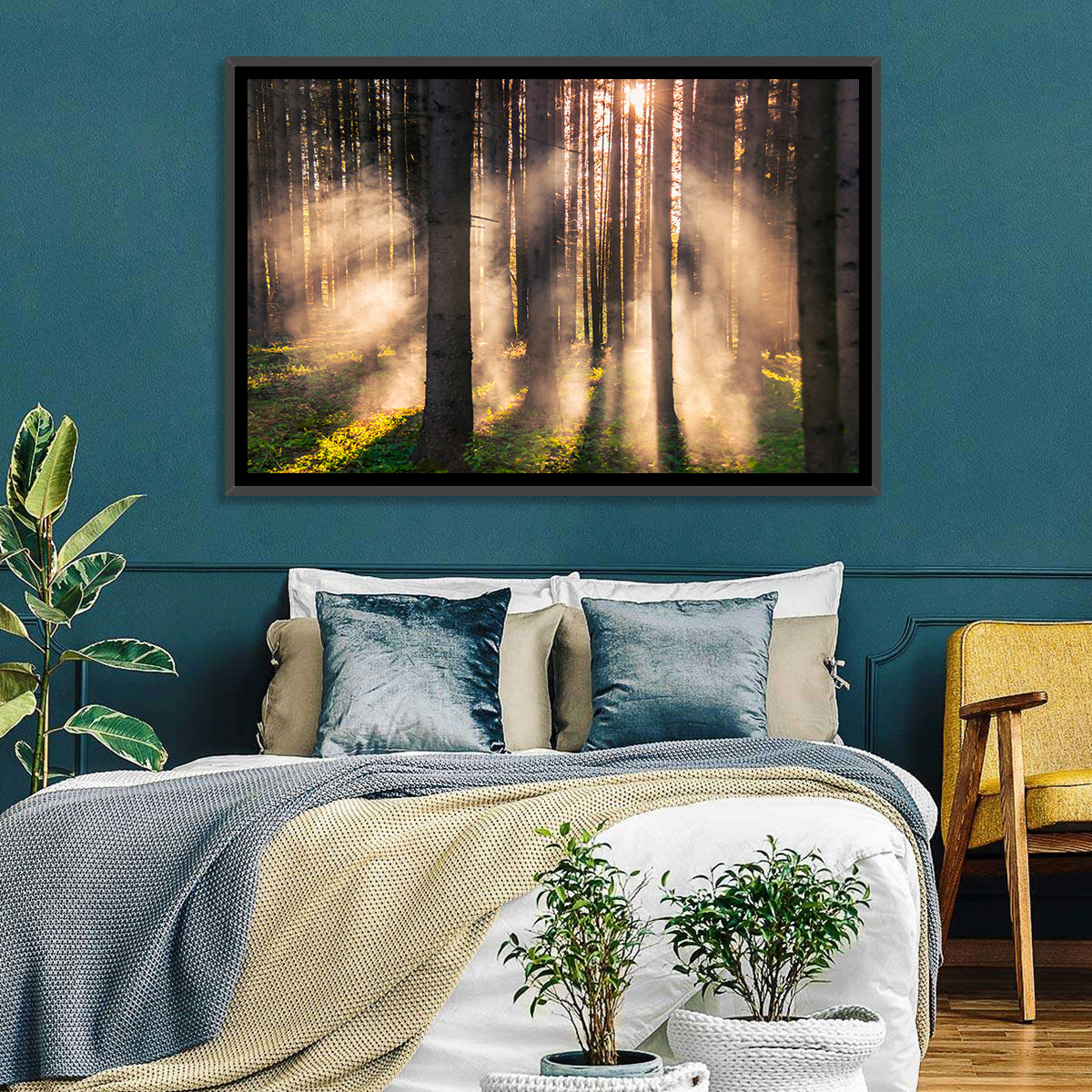 Sunrise Through Misty Forest Wall Art in a room, landscape