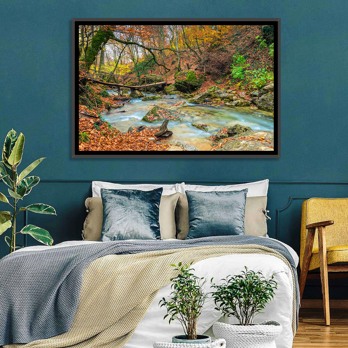 Mossy Footbridge in Autumn Forest Wall Art in a room, landscape