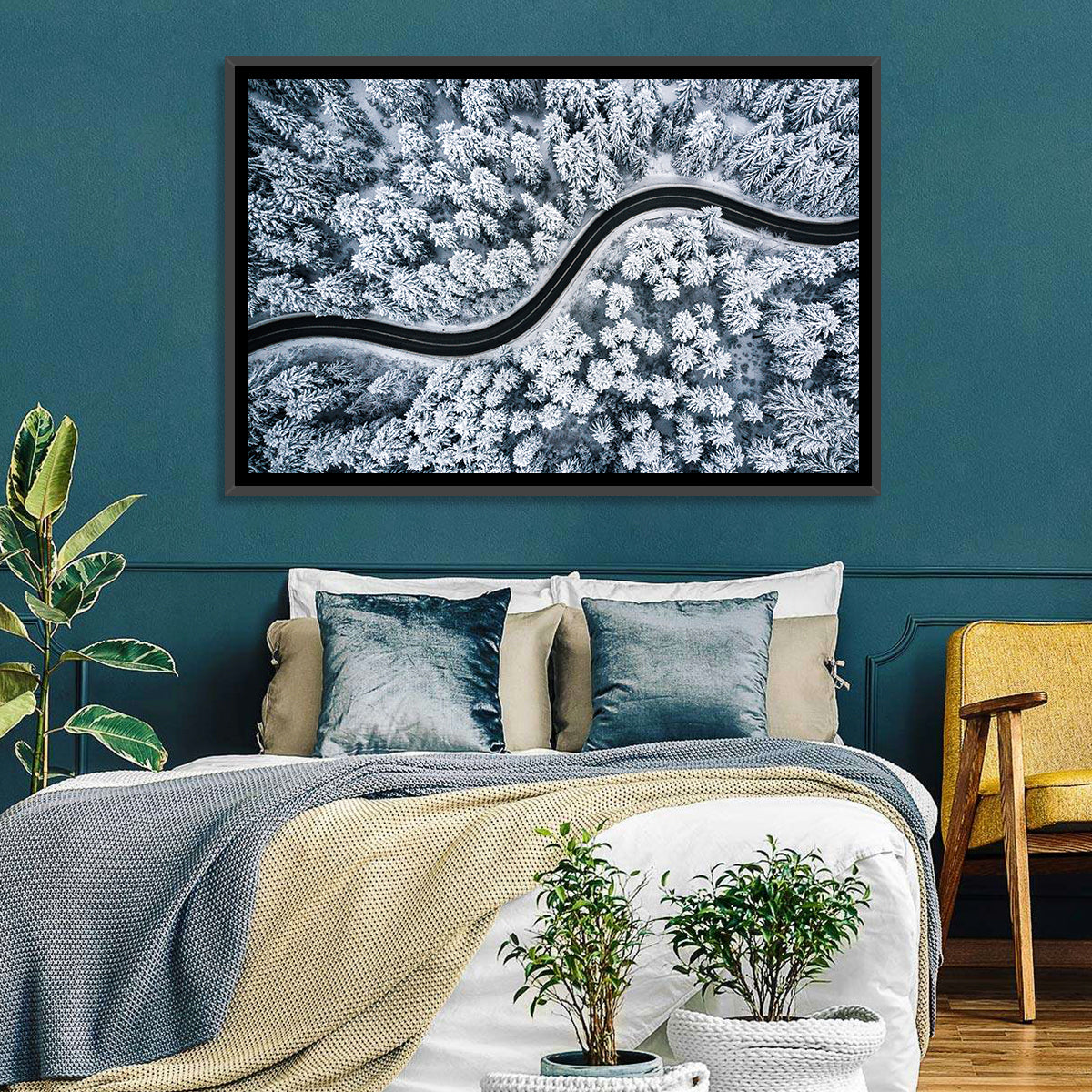 S-curve Winter Forest Road Wall Art in a room, landscape