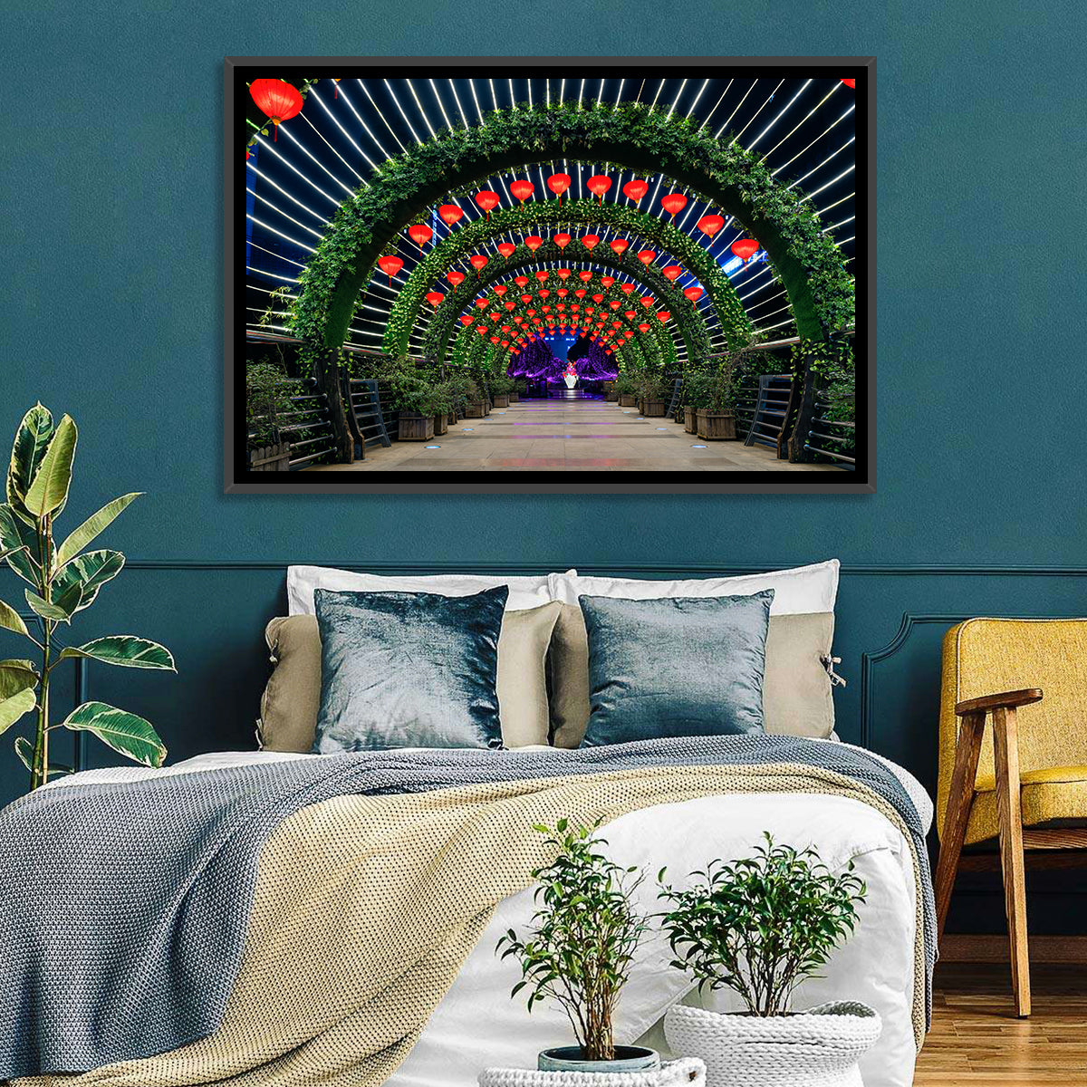Red Lantern Trellis Tunnel Wall Art in a room, landscape