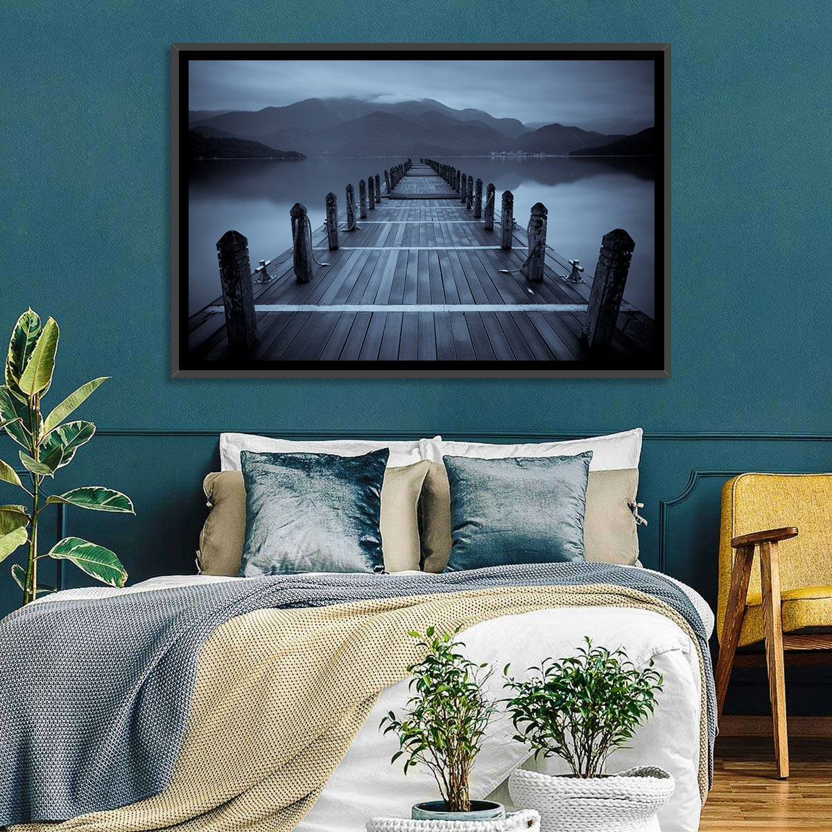 Long Lake Pier at Dusk Wall Art in a room, landscape